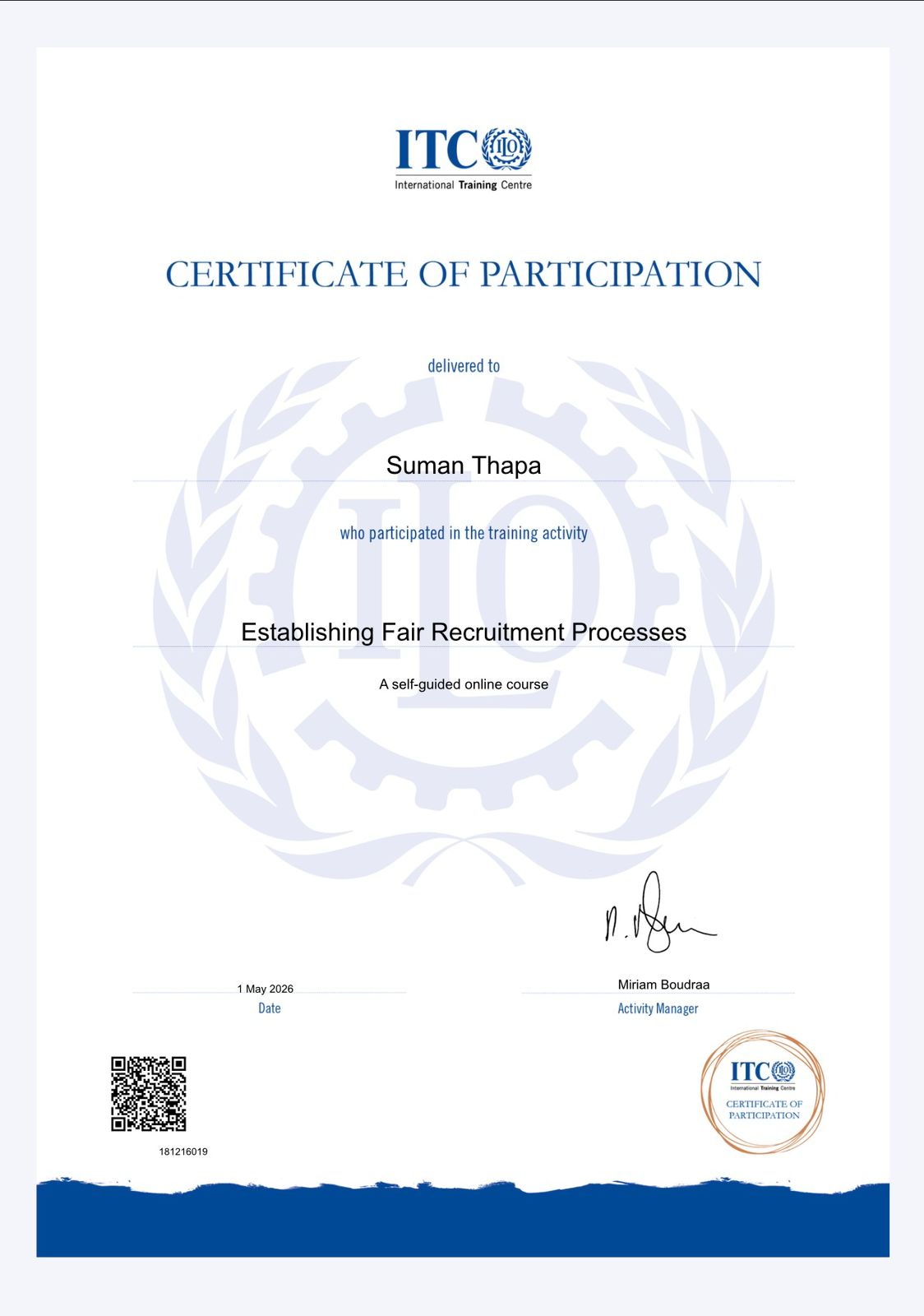 ITC Certificate Suman Thapa